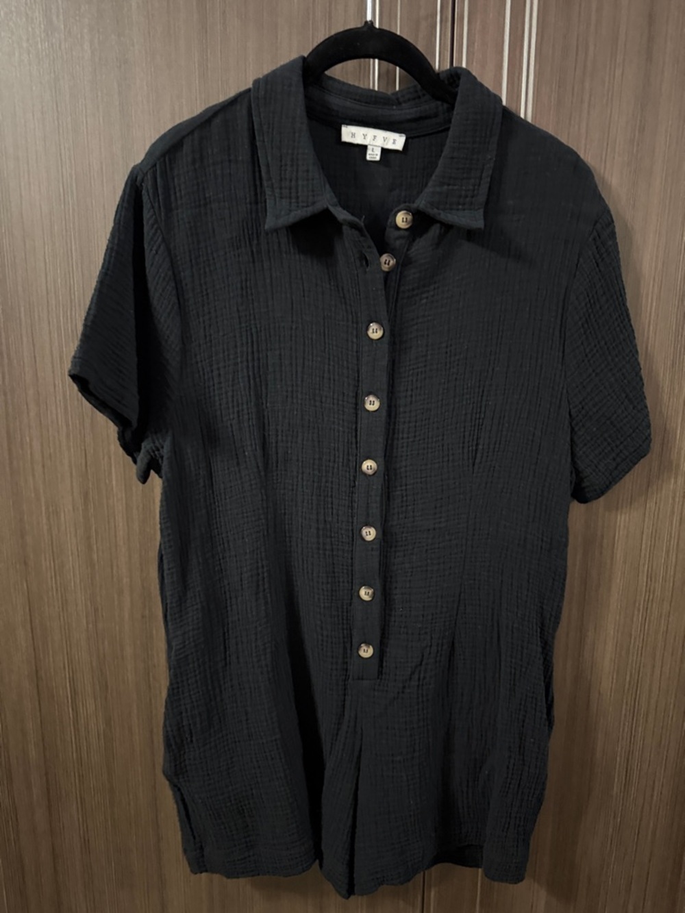 HYFVE Black‎ Short Sleeve Button-Front Jumpsuit Romper